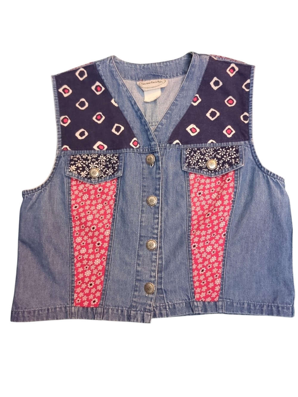 Vintage 90s Stonebridge Large Patchwork Denim Vest  Cottage Americana Western
